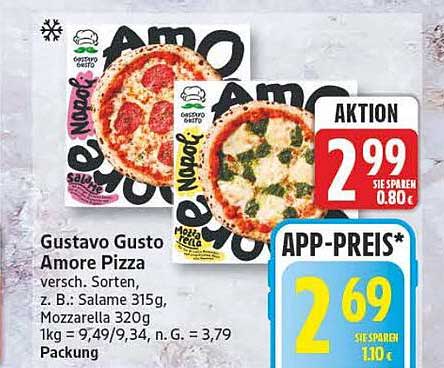 Gustavo Gusto Amore Pizza versch. Sorten, z. B.: Salame 315g, Mozzarella 320g, 1kg = 9,49/9,34, n. G. = 3,79 Packung