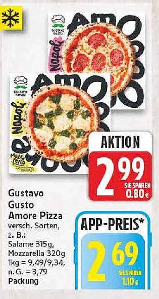 Gustavo Gusto Amore Pizza versch. Sorten, z. B.: Salame 315g, Mozzarella 320g 1kg = 9,49/9,34, n. G. = 3,79 Packung