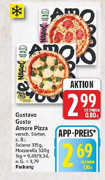 Gustavo Gusto Amore Pizza versch. Sorten, z. B.: Salame 315g, Mozzarella 320g 1kg = 9,49/9,34, n. G. 3,79, Packung