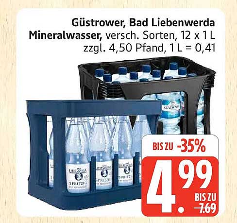 Güstrower, Bad Liebenwerda Mineralwasser, versch. Sorten, 12 x 1 L zzgl. 4,50 Pfand, 1 L = 0,41