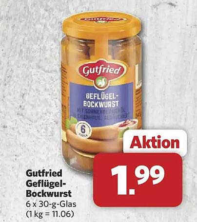 Gutfried Geflügel-Bockwurst 6 x 30-g-Glas (1 kg = 11.06)