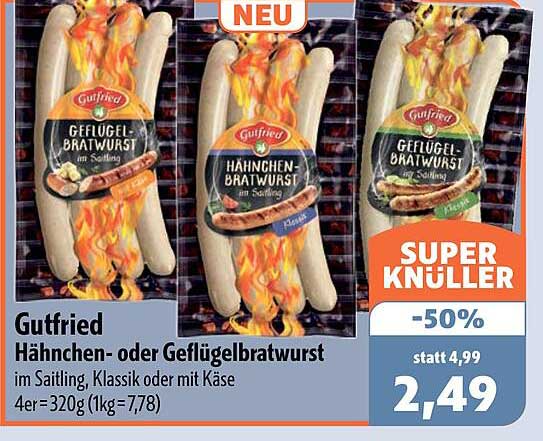 Gutfried Hähnchen- oder Geflügelbratwurst im Saitling, Klassik oder mit Käse 4er=320g (1kg=7,78)