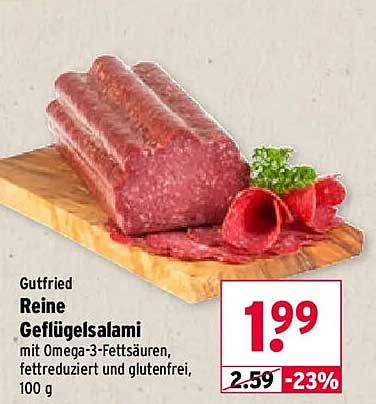Gutfried Reine Geflügelsalami mit Omega-3-Fettsäuren, fettreduziert und glutenfrei, 100 g