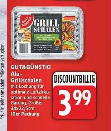 GUT&GÜNSTIG Alu-Grillschalen mit Lochung für optimale Luftzirkulation und schnelle Garung, Größe: 34x22,5cm 10er Packung