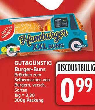 GUT&GÜNSTIG Burger-Buns, Brötchen zum Selbstmachen von Burgern, versch. Sorten 1kg = 3,30 300g Packung