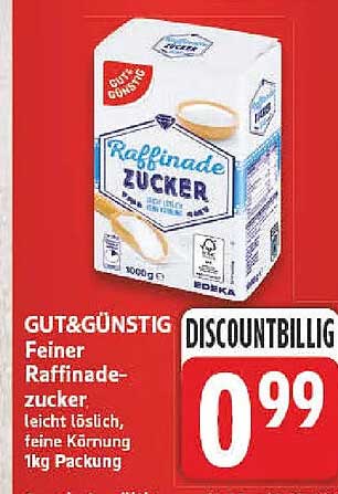 GUT&GÜNSTIG Feiner Raffinade-Zucker leicht löslich, feine Körnung 1kg Packung