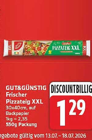 GUT&GÜNSTIG Frischer Pizzateig XXL 30x40cm, auf Backpapier 1kg = 2,35 550g Packung