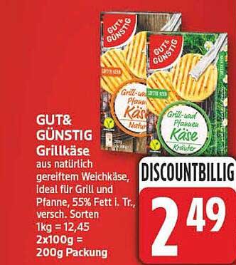 GUT&GÜNSTIG Grillkäse aus natürlich gereiftem Weichkäse, ideal für Grill und Pfanne, 55% Fett i. Tr., versch. Sorten 1kg = 12,45 2x100g = 200g Packung