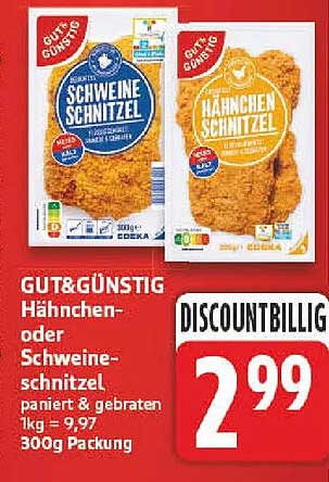 GUT&GÜNSTIG Hähnchen- oder Schweineschnitzel paniert & gebraten 1kg = 9,97 300g Packung