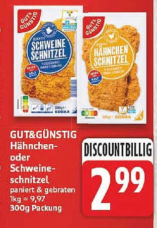 GUT&GÜNSTIG Hähnchen- oder Schweineschnitzel panierte & gebraten 1kg = 9,97 300g Packung