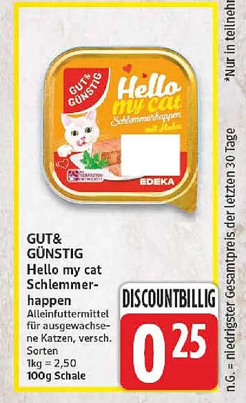 GUT&GÜNSTIG Hello my cat Schlemmer-happen Alleinfuttermittel für ausgewachsene Katzen, versch. Sorten
