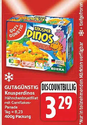 GUT&GÜNSTIG Knusperdinos Hähnchenbrustfilet mit Cornflakes-Panade 1kg = 8,23 400g Packung