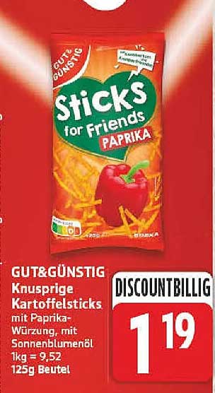 GUT&GÜNSTIG Knusprige Kartoffelsticks mit Paprika-Würzung, mit Sonnenblumenöl 1kg = 9,52 125g Beutel