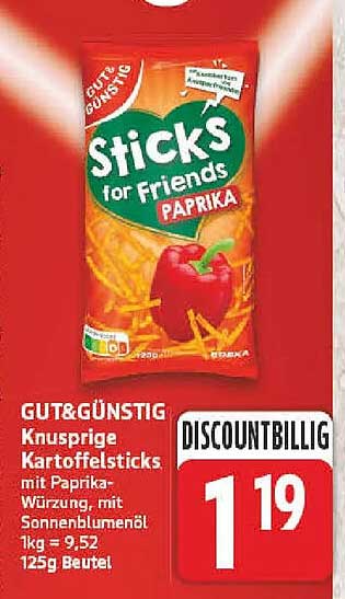 GUT&GÜNSTIG Knusprige Kartoffelsticks mit Paprika-Würzung, mit Sonnenblumenöl 1kg = 9.52 125g Beutel