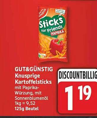 GUT&GÜNSTIG Knusprige Kartoffelsticks mit Paprika-Würzung, mit Sonnenblumenöl 1kg = 9,52 125g Beutel