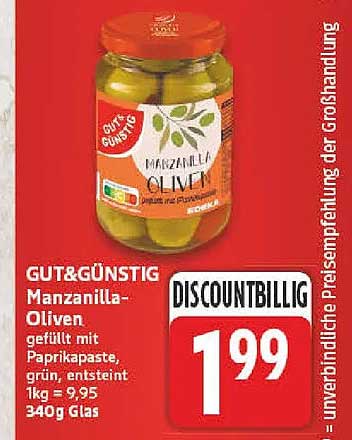 GUT&GÜNSTIG Manzanilla-Oliven gefüllt mit Paprikapaste, grün, entsteint 1kg = 9,95 340g Glas