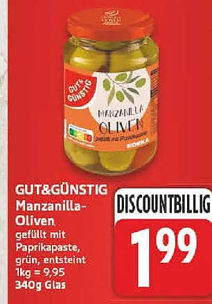 GUT&GÜNSTIG Manzanilla-Oliven gefüllt mit Paprikapaste, grün, entsteint 340g Glas