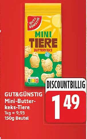 GUT&GÜNSTIG Mini-Butterkeks-Tiere 1kg = 9,93 150g Beutel