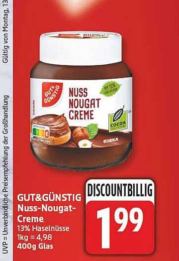 GUT&GÜNSTIG Nuss-Nougat-Creme 13% Haselnüsse 1kg = 4,98 400g Glas