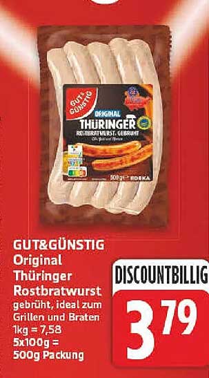 GUT&GÜNSTIG Original Thüringer Rostbratwurst gebrüht, ideal zum Grillen und Braten 1kg = 7,58 5x100g = 500g Packung