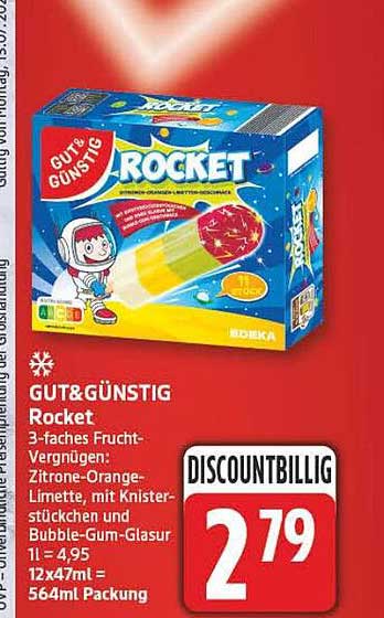 GUT&GÜNSTIG Rocket 3-faches Frucht-Vergnügen Zitrone-Orange-Limette, mit Knisterstückchen und Bubble-Gum-Glasur 11 = 4,95 12x47ml = 564ml Packung
