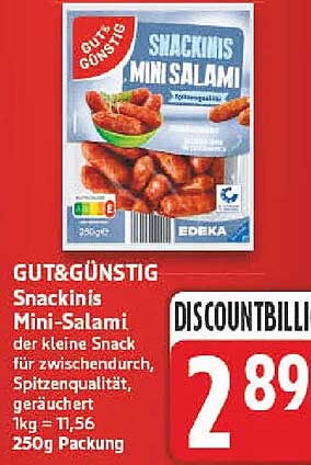 GUT&GÜNSTIG Snackinis Mini-Salami der kleine Snack für zwischendurch, Spitzenqualität, geräuchert 1kg = 11,56 250g Packung