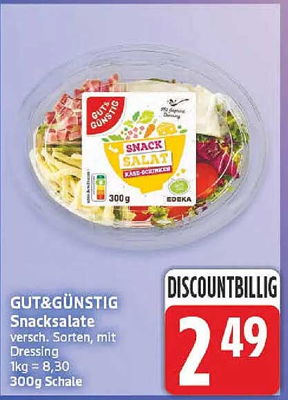 GUT&GÜNSTIG Snacksalate versch. Sorten, mit Dressing 1kg = 8,30 300g Schale