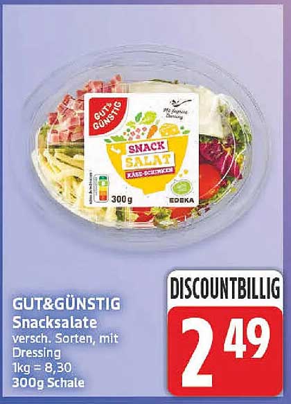 GUT&GÜNSTIG Snacksalate versch. Sorten, mit Dressing 1kg = 8,30 300g Schale