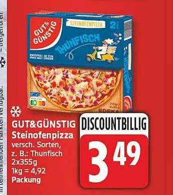 GUT&GÜNSTIG Steinofenpizza versch. Sorten, z. B.: Thunfisch 2x355g 1kg = 4,92 Packung