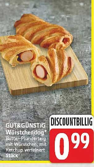 GUT&GÜNSTIG Würstchendog* Butter-Plunderteig mit Würstchen, mit Ketchup verfeinert Stück