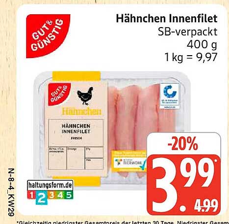 Hähnchen Innenfilet SB-verpackt 400 g 1 kg = 9,97