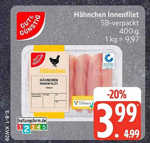 Hähnchen Innenfilet SB-verpackt 400 g 1 kg = 9,97