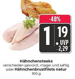 Hähnchensteaks verschieden gewürzt, mager und saftig oder Hähnchenbrustfilets natur 100 g