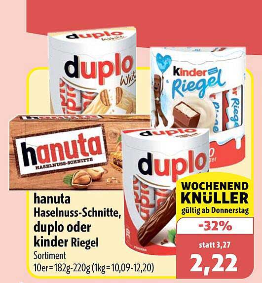 hanuta Haselnuss-Schnitte, duplo oder kinder Riegel Sortiment 10er = 182g-220g (1kg =10,09-12,20)