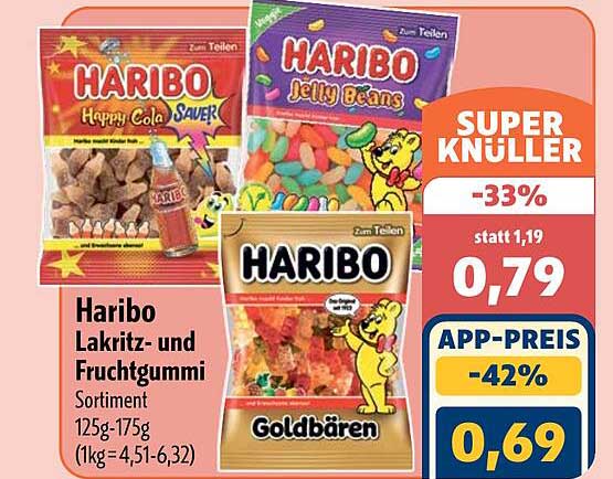Haribo Lakritz- und Fruchtgummi Sortiment 125g-175g (1kg=4,51-6,32)