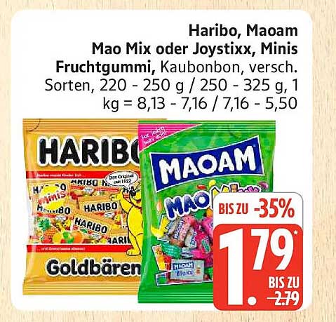 Haribo, Maoam Mao Mix oder Joystixx, Minis Fruchtgummi, Kaubonbon, versch. Sorten, 220 - 250 g / 250 - 325 g, 1 kg = 8,13 - 7,16 / 7,16 - 5,50