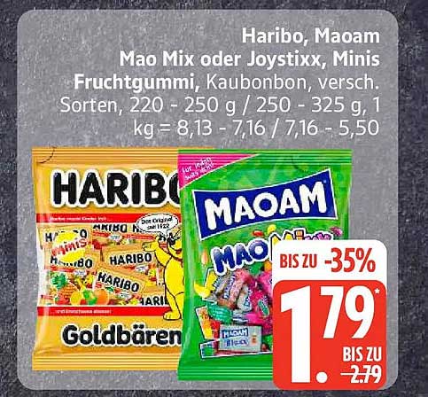 Haribo, Maoam Mao Mix oder Joystixx, Minis Fruchtgummi, Kaubonbon, versch. Sorten, 220 - 250 g / 250 - 325 g, 1 kg = 8,13 - 7,16 / 7,16 - 5,50
