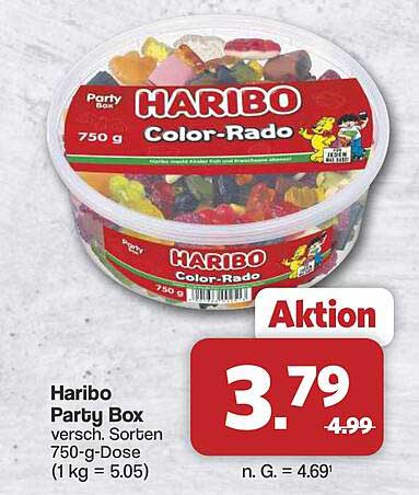 Haribo Party Box versch. Sorten 750-g-Dose (1 kg = 5.05)