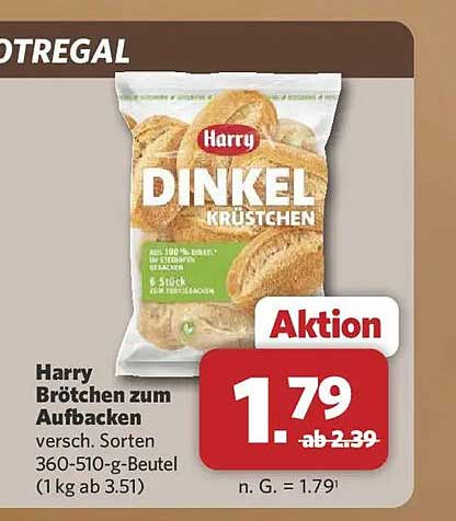 Harry Brötchen zum Aufbacken versch. Sorten 360-510-g-Beutel (1 kg ab 3.51)