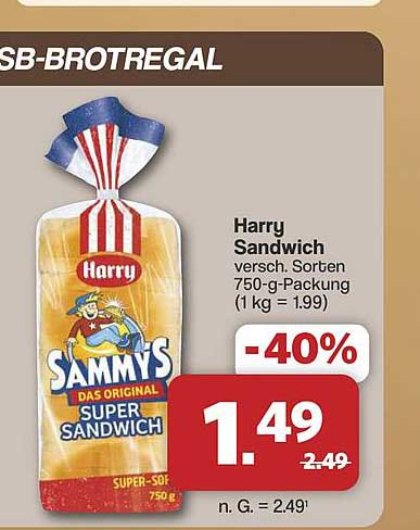 Harry Sandwich versch. Sorten 750-g-Packung (1 kg = 1.99)