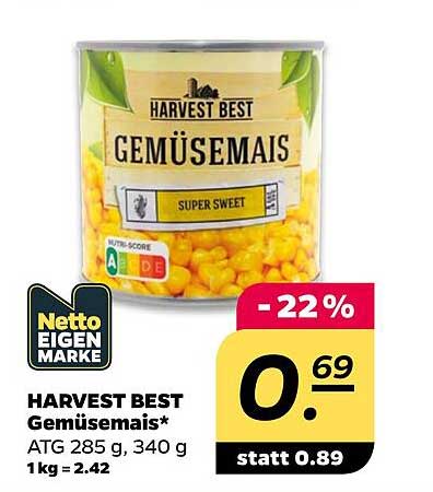 HARVEST BEST Gemüsemmais* ATG 285 g, 340 g 1 kg = 2.42