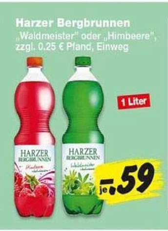 Harzer Bergbrunnen „Waldmeister“ oder „Himbeere“, zzgl. 0,25 € Pfand, Einweg