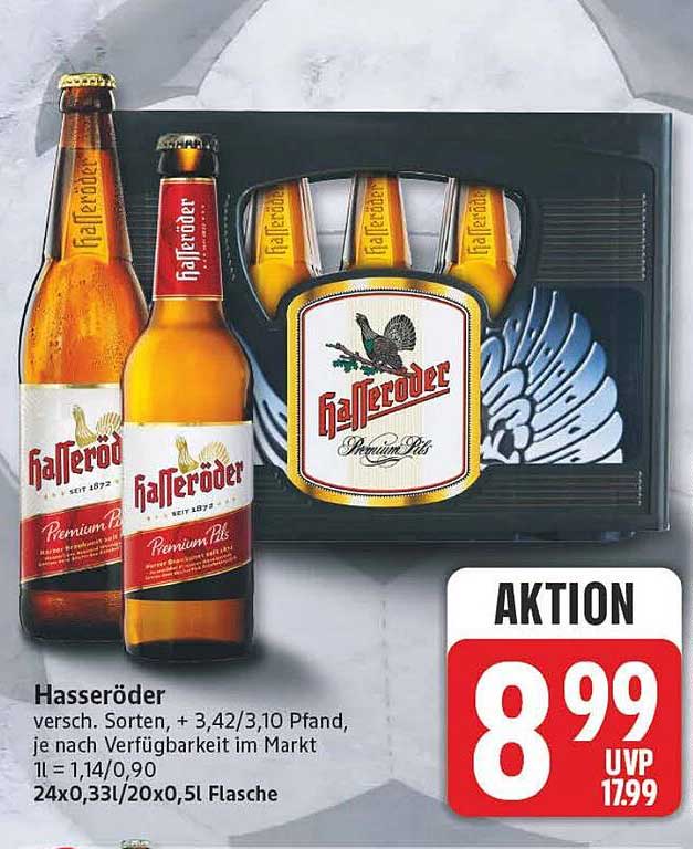 Hasseröder versch. Sorten, + 3,42/3,10 Pfand, je nach Verfügbarkeit im Markt 1l = 1,14/0,90 24x0,33l/20x0,5l Flasche