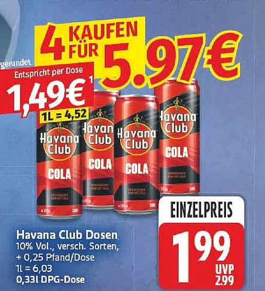 Havana Club Dosen. 10% Vol., versch. Sorten, + 0,25 Pfand/Dose 1l = 6,03 0,33l DPG-Dose