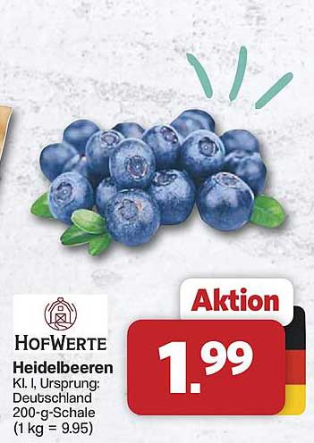 Heidelbeeren Kl. I, Ursprungsland: Deutschland 200-g-Schale (1 kg = 9.95)
