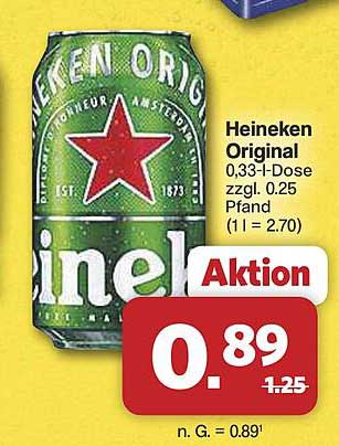Heineken Original 0,33-l-Dose zzgl. 0.25 Pfand (1 l = 2.70)