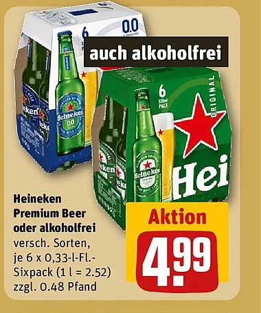 Heineken Premium Beer oder alkoholfrei versch. Sorten, je 6 x 0,33-l-Fl.-Sixpack (1 l = 2.52) zzgl. 0.48 Pfand