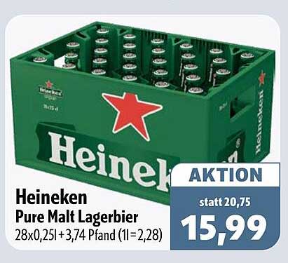 Heineken Pure Malt Lagerbier 28x0,25l + 3,74 Pfand (1l=2,28)