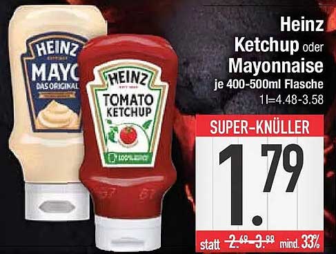 Heinz Ketchup oder Mayonnaise je 400-500ml Flasche 1l=4.48-3.58