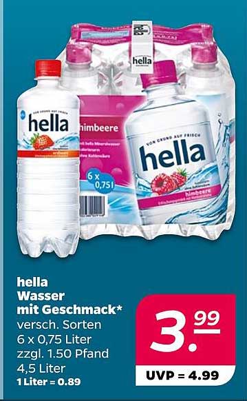 hella Wasser mit Geschmack* versch. Sorten 6 x 0,75 Liter zzgl. 1.50 Pfand 4,5 Liter